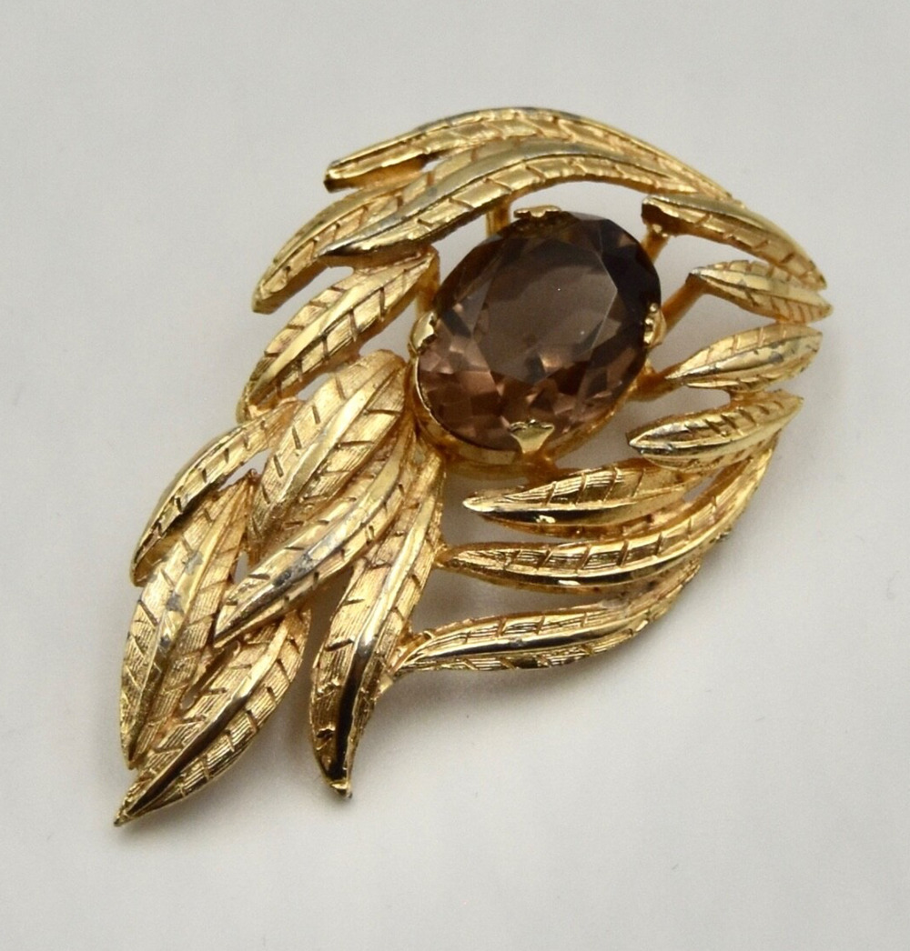 Swarovski Crystal BSK Brushed and Shiny Gold Plated Leaf Statement Brooch